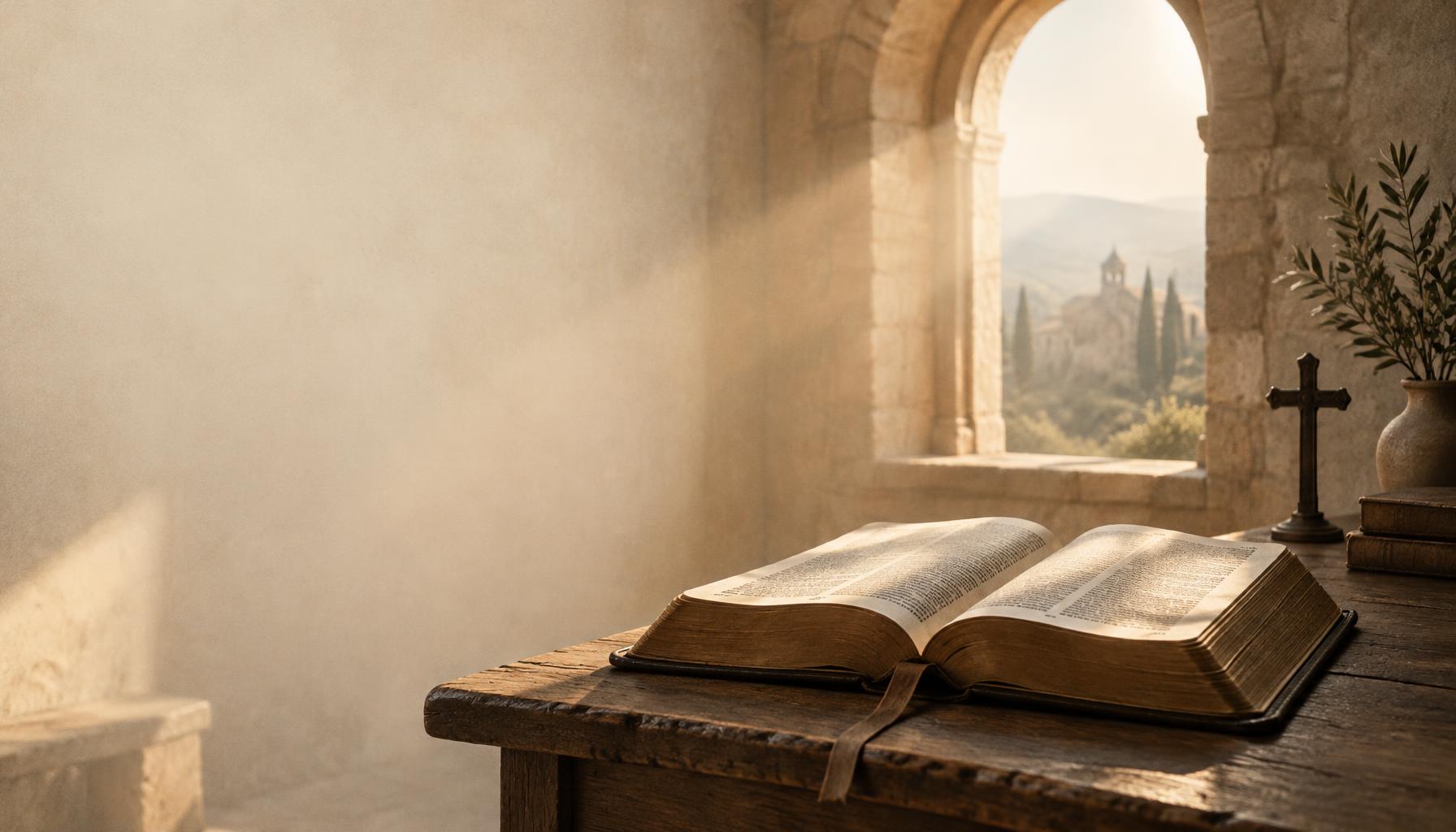 Morning light falling through a stone window onto an open Bible